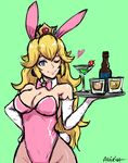  ;) akairiot alcohol animal_ears blonde_hair blue_eyes bottle bow bowtie breasts bunny_ears bunny_girl bunny_tail bunnysuit cleavage cocktail_glass cowboy_shot crown cup drink drinking_glass earrings elbow_gloves fishnet_pantyhose fishnets gloves hand_on_hip jewelry large_breasts leotard lips long_hair mario_(series) mushroom one_eye_closed pantyhose pink_leotard princess_peach smile solo super_mario_bros. tail tray white_gloves wrist_cuffs 