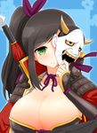  3: armor blush breasts brown_hair cleavage frown green_eyes hannya holding holding_mask huge_breasts japanese_armor long_hair mask murakumo_(senran_kagura) senran_kagura senran_kagura_shinovi_versus shy side_ponytail solo upper_body watarui 