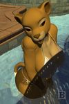  2015 3d anthro big_breasts big_butt bikini blx24 breasts brown_eyes brown_fur brown_nose butt cleavage clothed clothing feline female fur hi_res lion lips mammal open_mouth outside pool smile solo swimsuit teeth thick_thighs water yellow_fur 