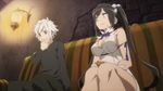  1boy 1girl animated animated_gif bell_cranel black_hair bounce bouncing_breasts breasts cleavage danmachi dungeon_ni_deai_wo_motomeru_no_wa_machigatteiru_darou_ka hestia_(danmachi) hestia_(dungeon) large_breasts twintails white_hair 