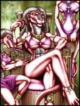  2003 anthro barefoot big_breasts bowl bra breasts butt clothed clothing dragon female grey_hair grey_scales hair holding human jewelry long_hair male mammal markie necklace red_eyes red_scales ring royalty scalie sitting size_difference skimpy teeth throne underwear vore 