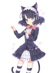 :d animal_ears bad_id bad_pixiv_id bell black_hair blue_eyes blush bow cat_ears cat_tail curly_hair cyan_(show_by_rock!!) dress fang_out frilled_dress frills hair_ornament happy hidari_(coletica) highres jingle_bell looking_at_viewer open_mouth pink_bow show_by_rock!! simple_background smile solo standing striped striped_legwear tail thighhighs thighs white_background 