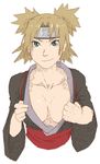  bad_deviantart_id bad_id blue_eyes breasts brown_hair cleavage_reach forehead_protector highres large_breasts naruto naruto_(series) no_bra quad_tails short_hair smile solo temari upper_body whistle_frog 