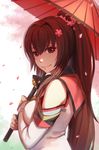 bare_shoulders breasts brown_eyes brown_hair cherry_blossoms detached_sleeves flower hair_flower hair_ornament highres kantai_collection large_breasts long_hair long_sleeves looking_at_viewer nian oriental_umbrella petals ponytail red_umbrella shirt smile solo umbrella upper_body very_long_hair yamato_(kantai_collection) 