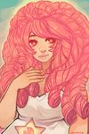  1girl bust cartoon_network curly_hair gem hand_on_chest hand_on_own_chest looking_at_viewer pink_hair rose_quartz_universe sannanai smile solo star-shaped_pupils steven_universe upper_body 