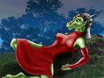  2002 ambiguous_gender animated anthro black_hair breasts clothed clothing dragon english_text fairy female green_scales group hair horn light low_res markie open_mouth orange_eyes outside scalie size_difference swallowing text tree vore 