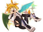  asymmetrical_wings bare_shoulders black_legwear blazblue blonde_hair blush choker company_connection cosplay detached_sleeves dizzy dizzy_(cosplay) feathered_wings full_body green_eyes guilty_gear hair_ribbon hair_rings hyakuhachi_(over3) long_hair noel_vermillion ribbon solo tail tail_ribbon thigh_strap thighhighs wings 