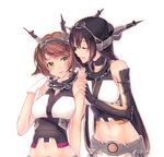  2girls bangs bare_shoulders black_hair blush breasts brown_hair elbow_gloves eyes_closed gloves green_eyes hairband hand_on_another&#039;s_shoulder hand_on_another's_shoulder headgear highres kantai_collection kyara36 large_breasts light_smile long_hair looking_at_another midriff miniskirt multiple_girls mutsu_(kantai_collection) nagato_(kantai_collection) navel shirt short_hair skirt sleeveless sleeveless_shirt smile thighhighs upper_body white_gloves yuri 