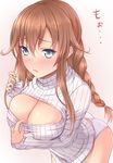  aqua_eyes blush braid breasts brown_hair cleavage cleavage_cutout covered_nipples highres kantai_collection large_breasts long_hair looking_at_viewer md5_mismatch meme_attire meropan no_pants noshiro_(kantai_collection) open-chest_sweater panties sleeves_past_wrists solo sweater underwear white_panties 