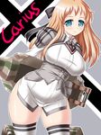  blonde_hair blue_eyes blush bow carius_(milihime_taisen) iron_cross jagdtiger long_hair mecha_musume milihime_taisen shirt skindentation solo tank_destroyer tsukioka_kirio white_legwear white_shirt 