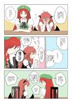  anger_vein arm_rest blush braid chair closed_eyes comic demon_wings face_in_hands fingers_together green_eyes hands_on_own_face head_wings heart highres hong_meiling kiritani_(marginal) koakuma long_hair long_sleeves multiple_girls red_hair short_sleeves star sweatdrop table touhou translation_request twin_braids wings 