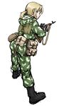  anya_(dutchko) bad_id bad_pixiv_id blonde_hair blue_eyes boots camouflage dragunov_svd dutchko gun holding holding_gun holding_weapon klmk_(camo) looking_at_viewer looking_back military military_uniform original ponytail pouch raincoat rifle short_hair shovel sniper_rifle solo trigger_discipline uniform weapon 