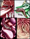  2003 ambiguous_gender anthro armor clothed clothing comic death dialogue dragon english_text female fog green_scales grey_hair group hair headband human internal jewelry male mammal markie open_mouth orange_eyes scalie size_difference slit_pupils swallowing teeth text tongue vore 