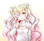  blonde_hair breasts cleavage cleavage_cutout eyepatch flower food gradient_hair hair_flower hair_ornament kirakishou long_hair multicolored_hair open-chest_sweater pink_hair rozen_maiden solo strawberry yellow_eyes 