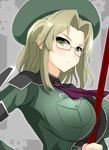  beret between_breasts blonde_hair blush breast_press breasts cleavage epaulettes frown glasses green_eyes green_hat hat imu_(senran_kagura) large_breasts looking_at_viewer military military_uniform senran_kagura senran_kagura_shinovi_versus serious short_hair solo strap_cleavage tsurime uniform watarui 