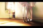  2girls age_difference aikatsu!_(series) aikatsu_friends! bare_legs close-up curtains floor height_difference high_heels implied_kiss indoors kiss legs lens_flare mannequin multiple_girls room shiontaso shoes skirt sunlight thighhighs tiptoe_kiss tiptoes window yuri 