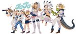  5boys blonde_hair diego_brando dinosaurs dixie_cup_hat funny_valentine gyro_zeppeli hat headdress highres johnny_joestar jojo_no_kimyou_na_bouken jojolion lucy_steel meniusa_lau military_hat multiple_boys native_american_headdress sailor sailor_hat sandman_(sbr) scary_monsters_(stand) stand_(jojo) steel_ball_run tail telescope 