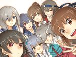  abo_(hechouchou) ahoge asashimo_(kantai_collection) black_hair blue_eyes blush bow bowtie brown_eyes brown_hair commentary_request grey_eyes grey_hair hair_ornament hair_over_one_eye hair_ribbon hairclip hamakaze_(kantai_collection) hatsushimo_(kantai_collection) isokaze_(kantai_collection) kantai_collection kasumi_(kantai_collection) long_hair looking_at_viewer multiple_girls one_eye_closed ponytail red_eyes remodel_(kantai_collection) ribbon school_uniform serafuku short_hair side_ponytail silver_hair smile v yahagi_(kantai_collection) yamato_(kantai_collection) yellow_eyes yukikaze_(kantai_collection) 