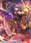  1girl armor axe breasts camilla_(fire_emblem_if) cleavage company_name elbow_gloves fire fire_emblem fire_emblem_cipher fire_emblem_if fumi_(butakotai) glint gloves hair_over_one_eye holding holding_axe large_breasts long_hair looking_at_viewer nintendo official_art open_mouth purple_eyes purple_gloves purple_hair red_eyes smile solo tiara very_long_hair watermark wavy_hair wings 