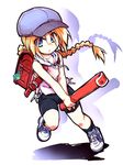  backpack bag bike_shorts blonde_hair blue_eyes braid contemporary fighting_stance girl_with_a_blonde_braid_(tomoshibi_hidekazu) hat hood hood_down hoodie instrument long_hair original ponytail randoseru recorder shoes shorts sleeveless sneakers solo tomoshibi_hidekazu very_long_hair 