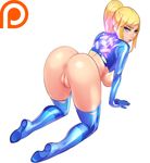  adapted_costume all_fours anus ass blue_eyes bottomless breasts grey_background highres large_breasts long_hair maniacpaint metroid neon_trim ponytail pussy samus_aran shiny shiny_clothes sideboob skin_tight solo thighhighs watermark zero_suit 