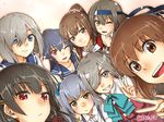  abo_(hechouchou) ahoge asashimo_(kantai_collection) black_hair blue_eyes blush bow bowtie brown_eyes brown_hair commentary_request grey_eyes grey_hair hair_ornament hair_over_one_eye hair_ribbon hairclip hamakaze_(kantai_collection) hatsushimo_(kantai_collection) highres isokaze_(kantai_collection) kantai_collection kasumi_(kantai_collection) long_hair looking_at_viewer multiple_girls one_eye_closed ponytail red_eyes remodel_(kantai_collection) ribbon school_uniform serafuku short_hair side_ponytail silver_hair smile twitter_username v yahagi_(kantai_collection) yamato_(kantai_collection) yellow_eyes yukikaze_(kantai_collection) 