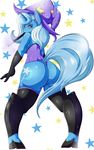  anthro anthrofied big_breasts blue_fur blue_hair breasts butt clothing equine female friendship_is_magic fur gloves hair hat horn horse legwear long_hair mammal mouth_hold my_little_pony plain_background pony purple_eyes solo standing star suddenhack thigh_highs trixie_(mlp) unicorn white_background wizard_hat 