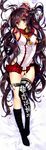  absurdres arm_up armpits black_legwear breasts brown_hair bullet carnelian cherry_blossoms dakimakura detached_sleeves highres huge_filesize kantai_collection large_breasts legs long_hair lying miniskirt pink_eyes ponytail single_thighhigh skirt smile solo thighhighs very_long_hair yamato_(kantai_collection) 