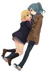  1girl bad_id bad_pixiv_id black_legwear blonde_hair blush coat genderswap genderswap_(mtf) green_eyes hair_over_one_eye inazuma_eleven inazuma_eleven_(series) kazemaru_ichirouta kneehighs long_hair miyasaka_ryou ponytail scarf school_uniform short_hair simple_background skirt socks textless tomo_(sjim) white_background 