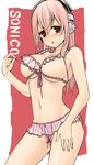  blush breastless_clothes breasts cleavage headphones large_breasts lingerie long_hair looking_at_viewer navel nippleless_clothes nipples nitroplus open_mouth pink_hair potato_(oriha94) red_eyes see-through solo super_sonico underwear 