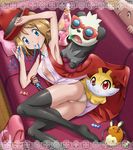  armpits ass black_eyes blonde_hair blue_eyes blue_ribbon blush breasts brown_hair candy character_doll cleavage couch covered_nipples creature dedenne drooling fennec_fox fennekin food fox gen_6_pokemon hat highres looking_at_viewer lying macaron medium_breasts mouse mouth_hold on_couch pancham panda panties pantyshot pillow pokemoa pokemon pokemon_(anime) pokemon_(creature) red_eyes revision ribbon ribbon_in_mouth satoshi_(pokemon) serena_(pokemon) shiny shiny_clothes shiny_hair short_hair skirt sleeping sleeveless_duster smile sunglasses tail thighhighs tierno_(pokemon) underwear whiskers white_panties 