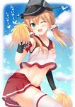  ;d alternate_costume blonde_hair blush cheering cheerleader crop_top crop_top_overhang hat iron_cross kantai_collection long_hair looking_at_viewer midriff navel one_eye_closed open_mouth peaked_cap pom_poms prinz_eugen_(kantai_collection) skirt smile solo sweat thighhighs tomoo_(tomo) translated twintails white_legwear 