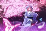  arm_ribbon bad_id bad_pixiv_id blurry breasts bug butterfly cherry_blossoms closed_fan cloud covering_mouth depth_of_field dual_wielding fan fog folding_fan full_moon glowing_butterfly hand_up hat highres hitodama holding insect japanese_clothes kimono large_breasts light_particles looking_to_the_side mob_cap moon night night_sky obi petals pink_eyes pink_moon ribbon ribbon-trimmed_collar ribbon_trim saigyouji_yuyuko sash sky solo standing touhou tree triangular_headpiece veil zeramu 