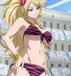  bare_shoulders bikini blonde_hair blue_eyes breasts cleavage earrings fairy_tail female flower hair_flower hair_ornament jenny_realight jewelry large_breasts long_hair navel necklace screencap smile solo stitched swimsuit underboob 