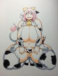  1girl animal_ears bell blue_eyes blush breasts cleavage collar cow_ears cow_girl cow_print cow_tail fat ferret horns huge_breasts kjmvideo kneeling luu_(cosplayer) navel pink_hair plump smile solo tail thick_thighs wide_hips 