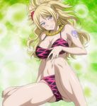  bikini blonde_hair blue_eyes blush breasts cleavage earrings fairy_tail female flower hair_flower hair_ornament jenny_realight jewelry large_breasts navel necklace screencap solo stitched swimsuit tattoo 
