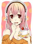 bare_shoulders blush breasts cake food fruit headphones large_breasts long_hair looking_at_viewer nitroplus open_mouth orange_shirt pink_hair potato_(oriha94) red_eyes shirt slice_of_cake solo strawberry strawberry_shortcake super_sonico sweater wavy_mouth whipped_cream 