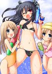  absurdres ass_visible_through_thighs bad_id bad_pixiv_id bikini black_hair blue_eyes breasts brown_hair casual_one-piece_swimsuit hat highres long_hair multiple_girls neptune_(series) one-piece_swimsuit ram_(choujigen_game_neptune) red_eyes rom_(choujigen_game_neptune) short_hair splashing swimsuit twintails underboob uni_(choujigen_game_neptune) water_gun zero-theme 