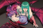  animal_print ass bangs bare_shoulders bat_print blunt_bangs breast_press breasts bridal_gauntlets demon_girl demon_wings elbow_gloves gloves green_eyes green_hair head_wings jeffrey_cruz large_breasts leotard lilith_aensland lips long_hair looking_at_viewer lying morrigan_aensland multiple_girls nose on_side pantyhose pink_eyes print_legwear purple_hair red_leotard short_hair succubus vampire_(game) watermark web_address wings 