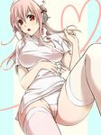  blush breasts cameltoe cleavage hat headphones large_breasts long_hair looking_at_viewer nitroplus nurse nurse_cap open_mouth pink_hair potato_(oriha94) red_eyes solo super_sonico thighhighs underwear white_legwear 