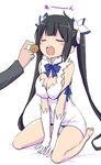  bad_id bad_twitter_id black_hair blue_eyes blue_ribbon breasts cleavage_cutout closed_eyes dress dungeon_ni_deai_wo_motomeru_no_wa_machigatteiru_darou_ka feeding gloves hestia_(danmachi) inactive_account kannazuki_genshi large_breasts long_hair open_mouth rei_no_himo ribbon twintails white_dress 