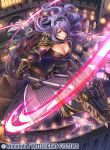  1girl armor ass axe black_gloves breasts camilla_(fire_emblem_if) castle cleavage company_name elbow_gloves fire fire_emblem fire_emblem_cipher fire_emblem_if fumi_(butakotai) gauntlets gloves hair_over_one_eye holding holding_axe horns large_breasts lizard long_hair nintendo official_art outdoors pegasus_knight purple_eyes purple_hair slashing smile solo very_long_hair wavy_hair yellow_sclera 