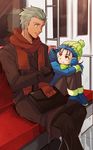  archer bad_id bad_pixiv_id blue_hair child coat dark_skin dark_skinned_male fate/stay_night fate_(series) gloves grey_hair ground_vehicle highres lancer mittens multiple_boys scarf shimo_(s_kaminaka) time_paradox train winter_clothes yellow_eyes 