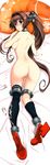  absurdres ass black_legwear blush breasts brown_eyes brown_hair cherry_blossoms dakimakura full_body hair_intakes hair_ornament high_heels high_ponytail highres kantai_collection kneehighs long_hair looking_back lying medium_breasts mismatched_legwear no_pussy nude on_stomach open_mouth petals sideboob single_kneehigh single_thighhigh solo thigh_strap thighhighs tim_tim_machine very_long_hair yamato_(kantai_collection) 