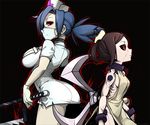  2girls ass back-to-back black_sclera blood blue_hair breasts brown_hair carol_(skullgirls) choker collar dress from_side gloves hair_rings hat height_difference hospital_gown huge_weapon large_breasts long_hair multiple_girls nail name_tag ng_(kimjae737) nurse nurse_cap outline painwheel_(skullgirls) pale_skin ponytail red_eyes saw short_dress short_hair side_slit sideboob skullgirls small_breasts surgical_mask valentine_(skullgirls) veins weapon white_gloves 