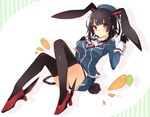 animal_ears black_gloves black_hair black_legwear blue_hat blush breasts bunny_ears bunny_tail carrot downscaled full_body garter_belt gloves hat high_heels kantai_collection large_breasts looking_at_viewer md5_mismatch military military_uniform miniskirt orqz red_eyes resized short_hair skirt solo tail takao_(kantai_collection) thighhighs uniform 