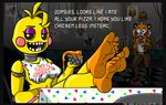  2015 animatronic avian beverage bird chicken dialogue fan_character feline five_nights_at_freddy&#039;s five_nights_at_freddy&#039;s_2 flirting food foot_fetish looking_at_viewer machine mammal mechanical pizza robot soda surprise text the-urge-within tiger toy_chica_(fnaf) toy_huntley 