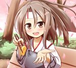  :d blush brown_eyes brown_hair cherry_blossoms chopsticks feeding hachimaki headband holding japanese_clothes kantai_collection looking_at_viewer muneate nichika_(nitikapo) omelet open_mouth petals ponytail pov_feeding signature smile solo tamagoyaki upper_body wind zuihou_(kantai_collection) 