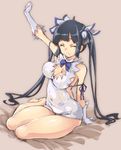  black_hair blue_ribbon breasts cleavage closed_eyes dress dungeon_ni_deai_wo_motomeru_no_wa_machigatteiru_darou_ka full_body gloves hestia_(danmachi) large_breasts long_hair rei_no_himo ribbon solo stretch tears thomasz twintails 