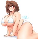  2015 banned_artist belly bikini breasts brown_eyes cleavage come_hither dated eno_konoe eyebrows fat gigantic_breasts looking_at_viewer mikomu original raised_eyebrows red_eyes short_hair simple_background smile solo swimsuit tareme thick_eyebrows thick_thighs thighs white_background white_bikini 